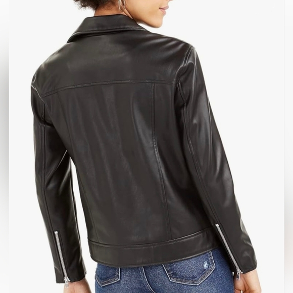 Biker MOTO Grunge Black Bomber Vegan Faux Leather Zip Up Jacket Small - Picture 2 of 9